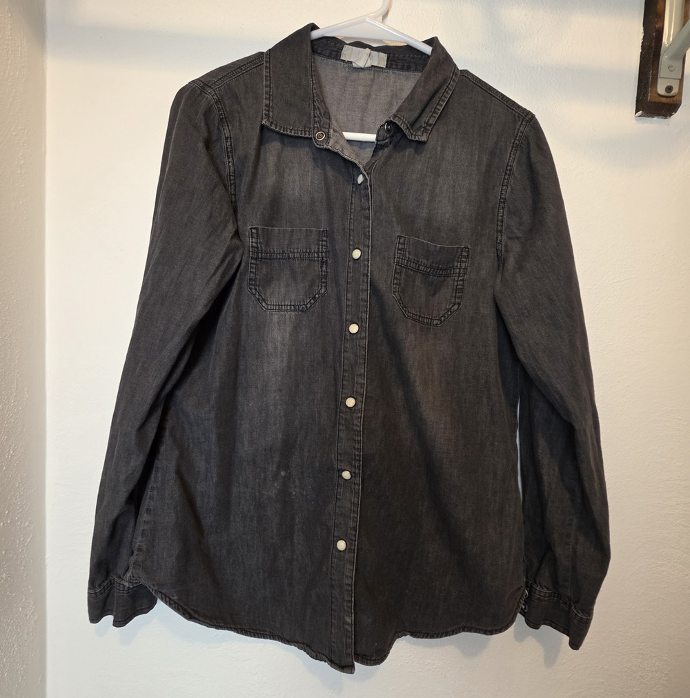 Japna Gray Gray Denim Collared Button-Up Long Sleeve Shirt Top L